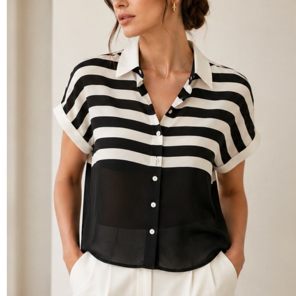 Antilia Femme Sheer Colorblock Button Front Blouse Black White Striped Top SZ S